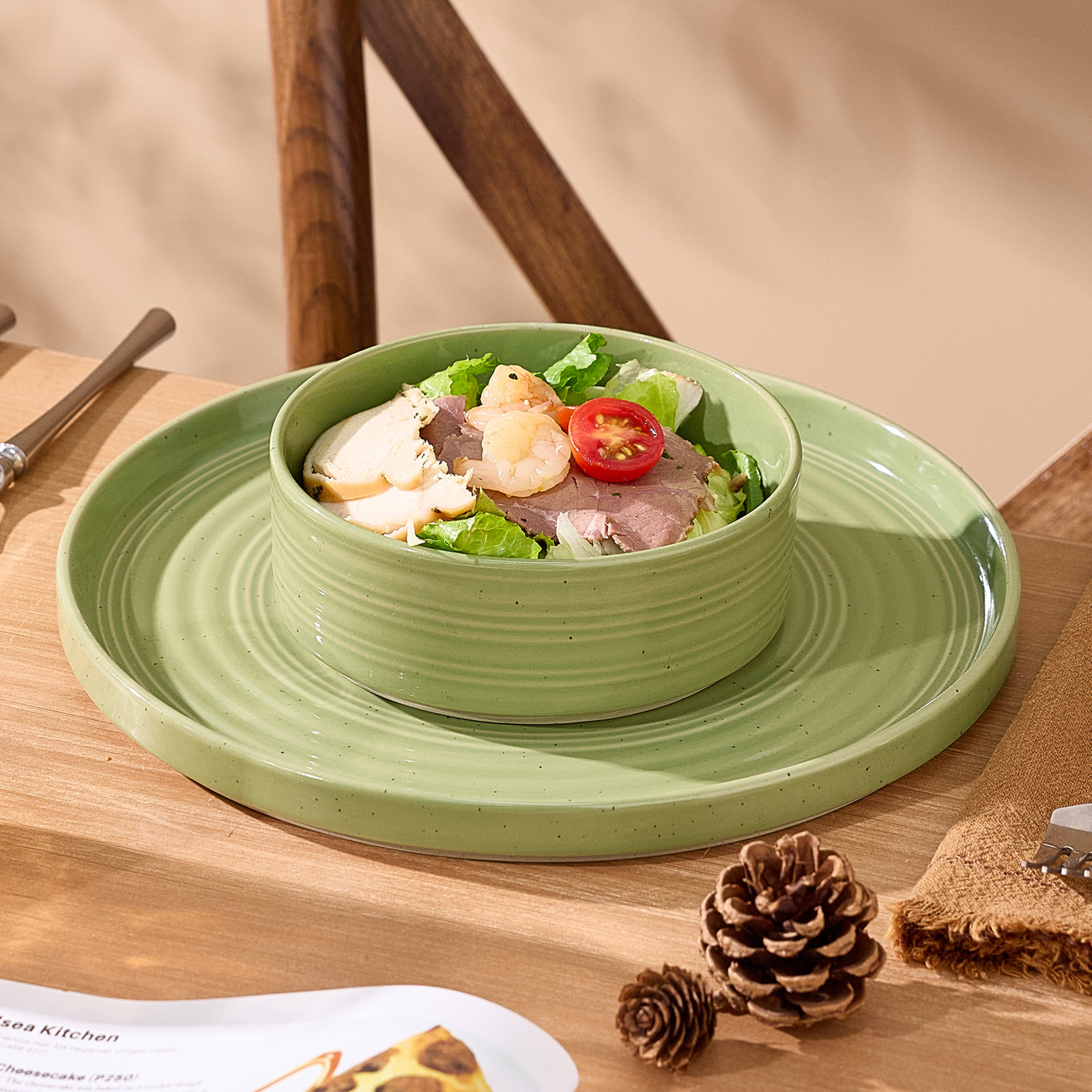 Galaxy Plates And Bowls Sets, 12 Piece Dinnerware Sets, White, Olive Green