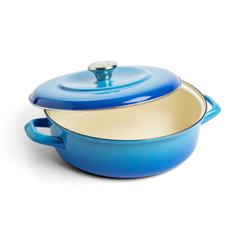 Azure Blue Enameled Cast Iron Round Casserole Braiser with Lid