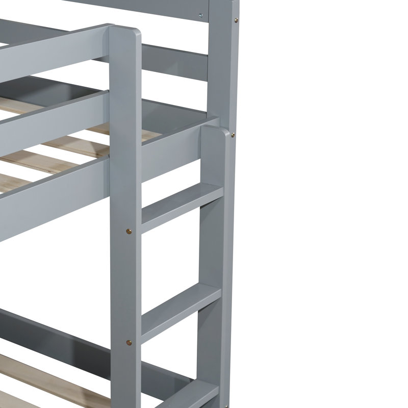 Low Twin Bunk Bed With Ladder & Guardrails, Solid Rubber Wood, Gray