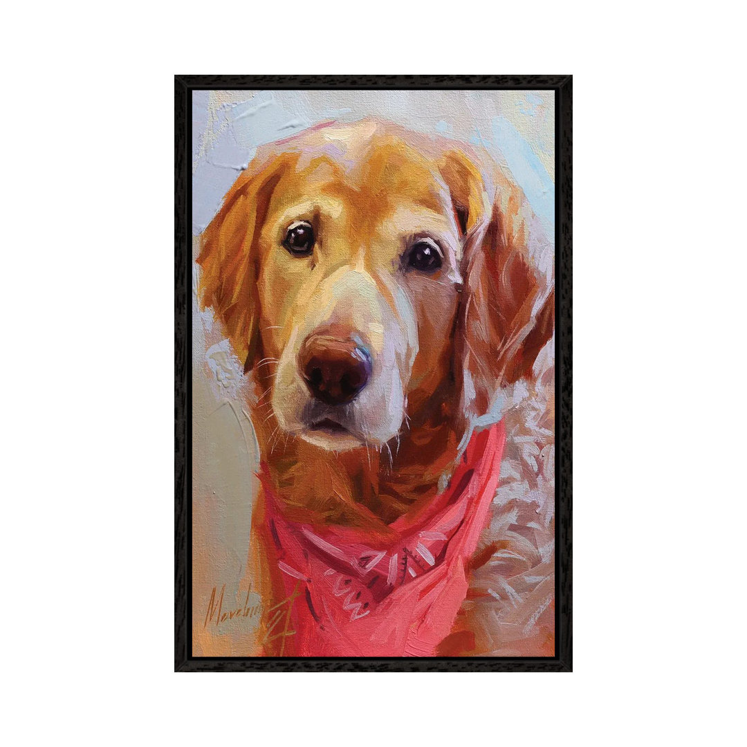 Gelber Labrador mit rosafarbenem Halstuch von Alex Movchun - Galerie-verpackte Leinwand Giclée auf Leinwand