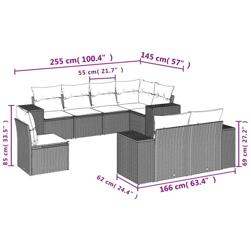 Ensemble de canapé de patio 8 pièces avec coussins en rotin de polyester gris, Gris, Marine