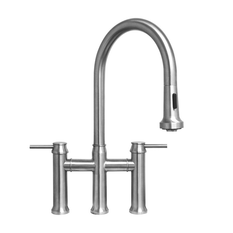Whitehaus Collection Solid Stainless Steel Dual Lever Gooseneck Bridge Kitchen Faucet with Pull-down Spray Head