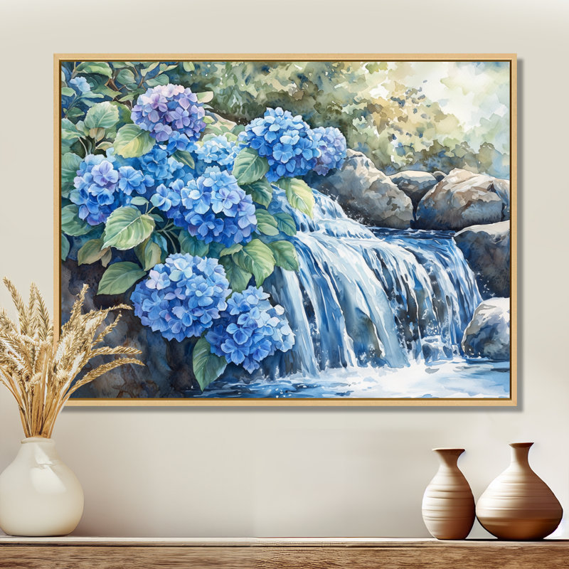 «Ilyena Hydrangeas By The Waterfall II», art mural hortensias, Impression encadrée flottante, H 16 po x l 32 po, Crème, crème