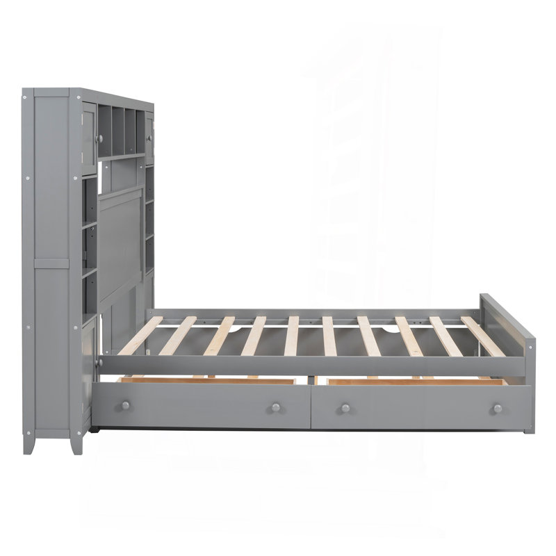 Lit double en bois avec armoire tout-en-un, tablette et prises, lit gigogne simple, gris, Gris