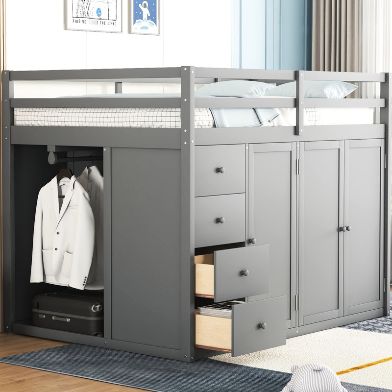 Lit mezzanine gris avec de nombreux espaces de rangement: armoires, armoires, tiroirs pour la chambre à coucher