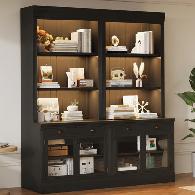 83.4"Tall Bookshelf Suite With LED Lighting, Modern Bookcases With Glass Doors And Drawers,2-Piece Set Storage Bookcase Suite With Open Shelves For Living Room,Home Office,Black