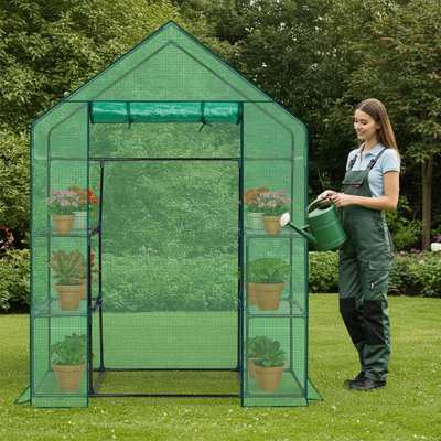 Metal-Framed PE-Covered Mini Walk-In Greenhouse With 4 Shelves