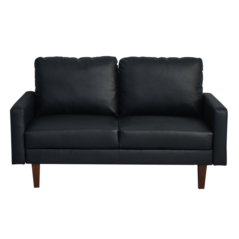 Black Faux Leather 2-Piece Sofa and Loveseat Set with Wooden Legs