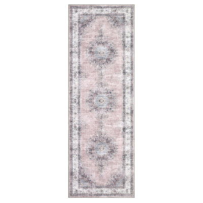 Vintage Area Rug Washable Medallion Accent Carpet with Non-Slip Backing, Foldable Distressed Low Pile Indoor Mat, Stain-Resistant Floor Cover for Living Room, Bedroom, Kitchen