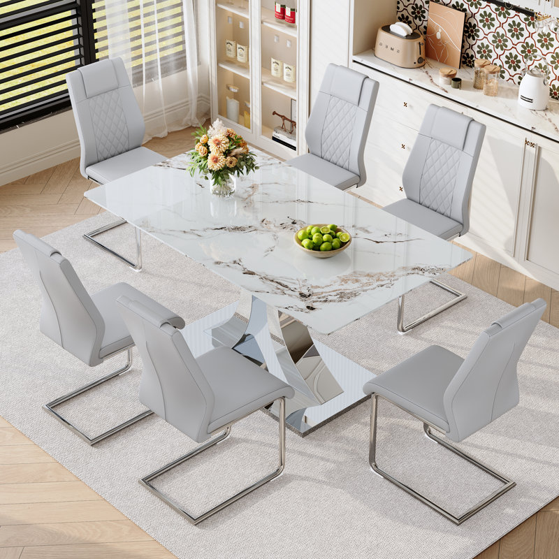 Ensemble de table et chaises de cuisine Elegant, 7 pièces : table, 6 chaises, Gris clair