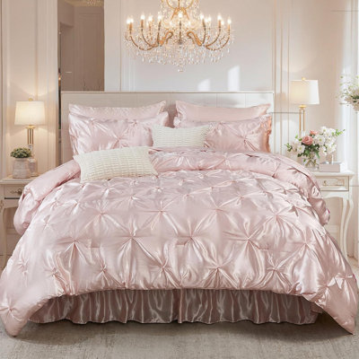 White Satin King Comforter Set with Sheets,Pinch Pleat Bedding Set Room Decor Aesthetic,King Bed in a Bag Set,Silk Like Satin Bed Sheets,Soft Silky Luxury Comforter Satin Bed Set 10 Pcs