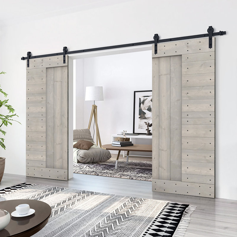 Porte de grange en bois à panneaux avec trousse de quincaillerie d'installation, 48 po x 84 po, Gris argenté