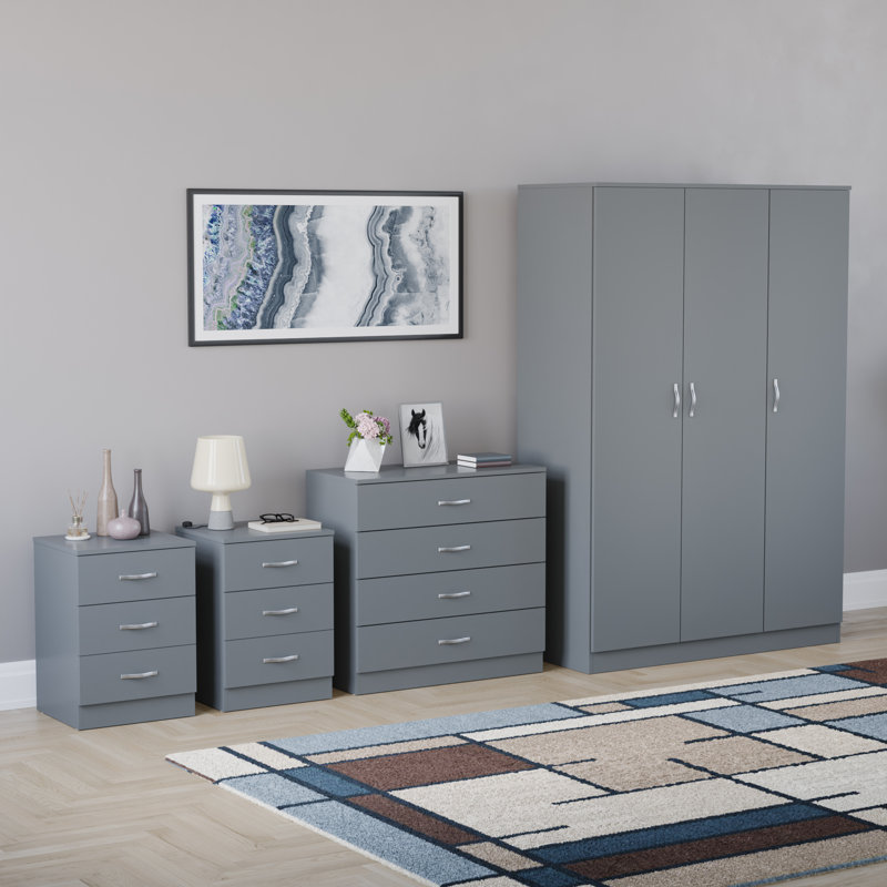 Tayce 4 Piece Bedroom Set (3 Drawer Bedside Chest X2, 4 Drawer Chest, 3 Door Wardrobe), Grey