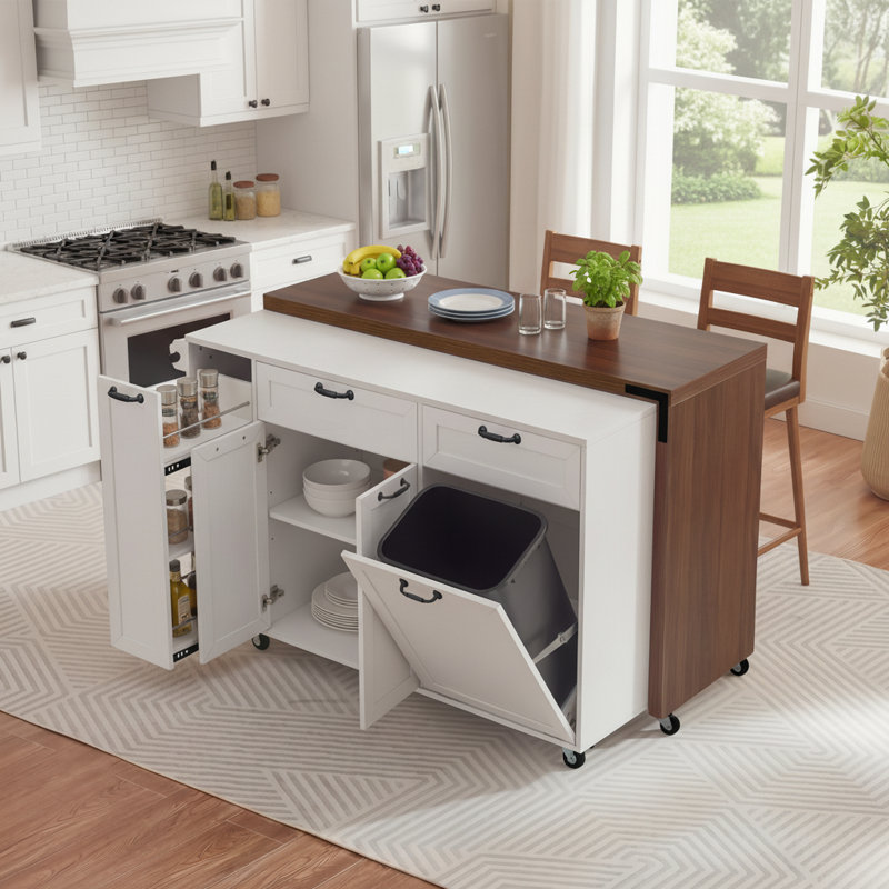 Kitchen Island Cart, Extendable Dining Table Design, Wood, Rolling Kitchen Cart With Spice Rack, Modern & Contemporary