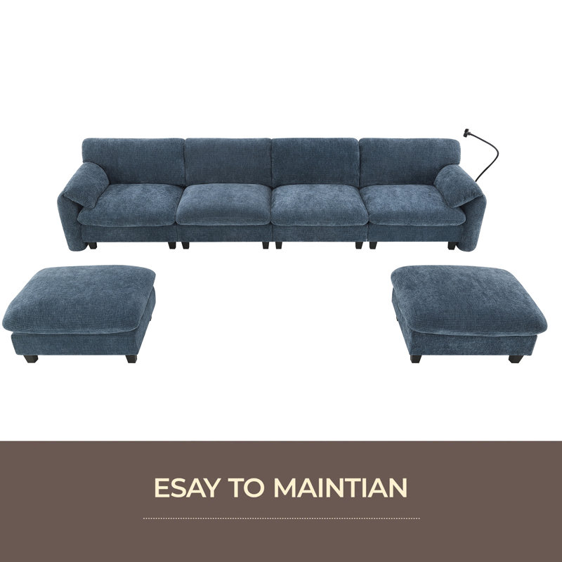 Canapé modulaire de 140 po en forme de U avec coussin de siège extra large de 31,5 po, chargeur USB et de type C, support pour téléphone et 2 poches de rangement latérales, repose-pieds à mouvement libre, chenille rayée