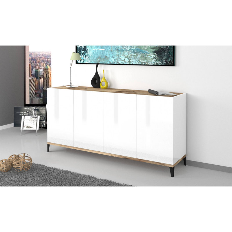Hirano 160cm Sideboard, White Glossy/Maple Pereira