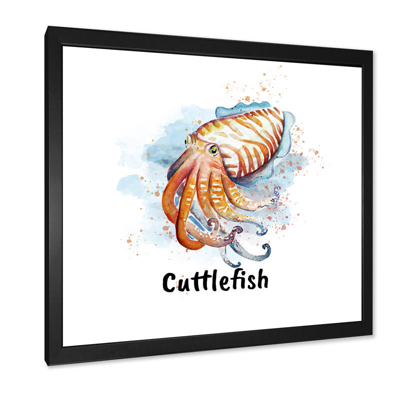 Aquarelle de la seiche, art mural nautique et côtier, Cadre photo noir, H 16 po x l 16 po x P 1 po