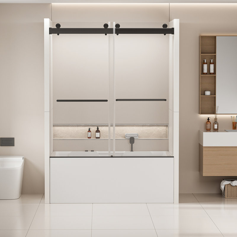 62 po Porte de douche H Bypass, 56 - 60 W, noir mat, 4 pouces de réglage horizontal, fermeture douce, peu d'entretien, étanchéité supérieure, configuration réversible, double verre trempé 5/16 po
