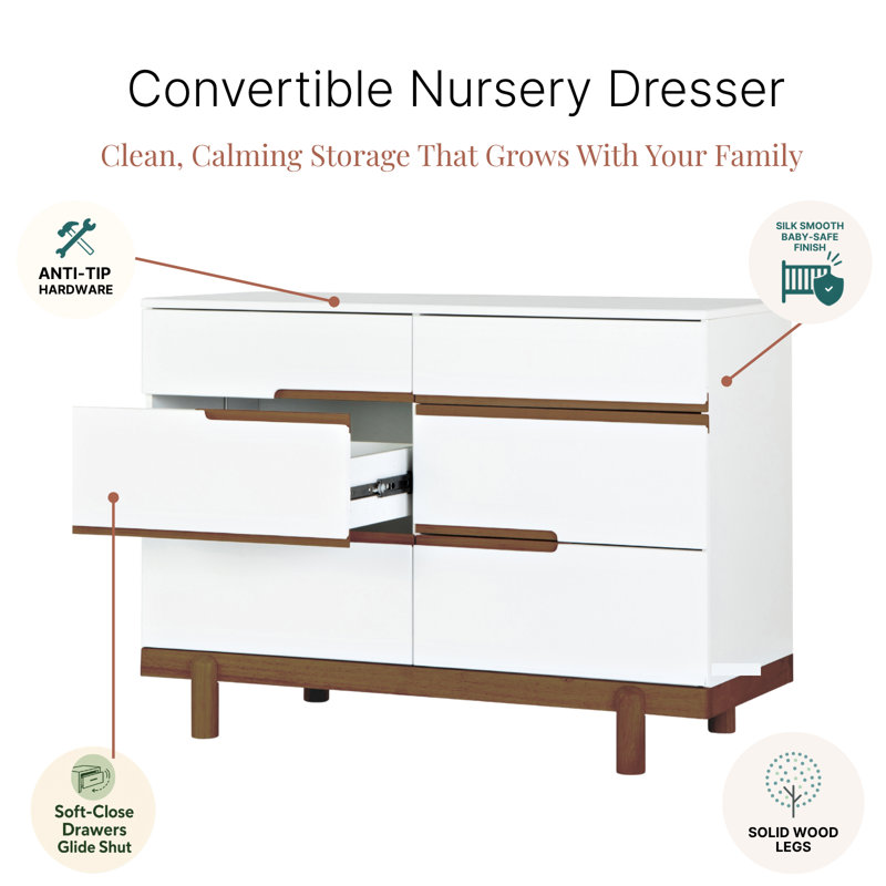 Bliss 6-Drawer Nursery Dresser, White/Walnut
