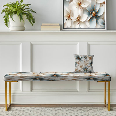 Ivory Coastal Harmony Floral Pattern - Floral Upholstered Gold Bench
