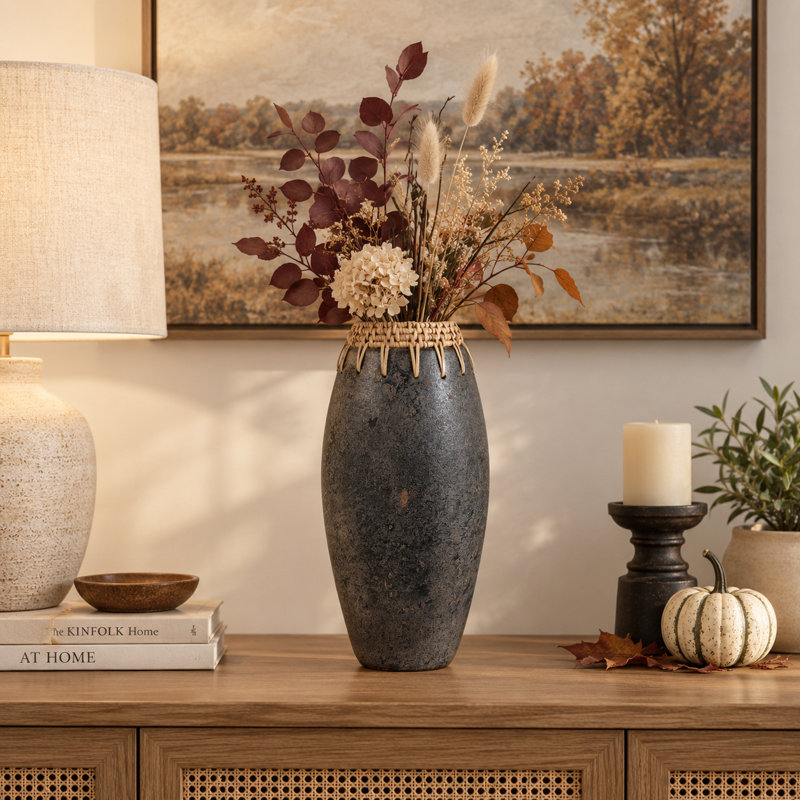 Vase de table ovale en terre cuite tressée à la main, idéal pour décorer votre intérieur - Grand vase pour présenter des fleurs dans le salon ou l'entrée - Noir et beige