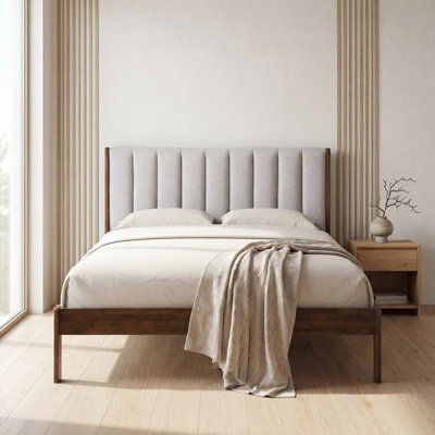 Soren Solid Wood Bed Frame with Channel Tufted Upholstered Headboard in Beige