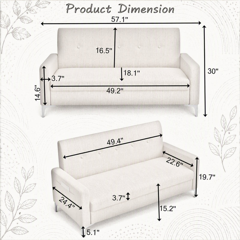 Canapé double de 57 pouces avec rangement, canapé pratique pour le salon, bureau à domicile, beige
