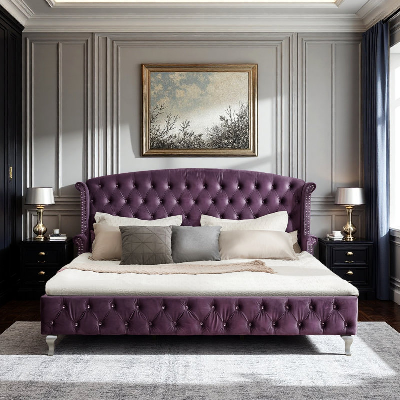 Velora Velvet Upholstered Wingback Platform Bed, Purple