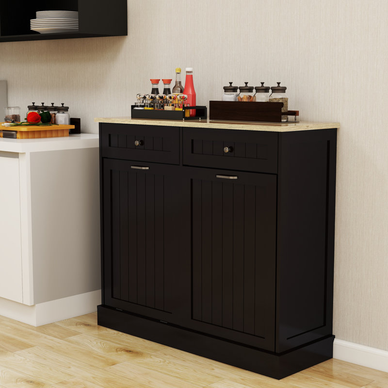 Armoire poubelle de cuisine à deux tiroirs et deux compartiments inclinables - noir
