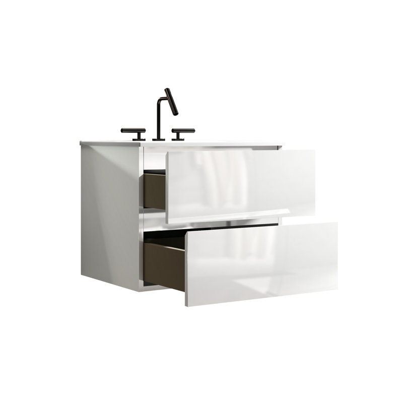 Fixation murale 24 po blanc brillant pour armoire de salle de bain - 3 trous de lavabo en céramique, rangement abondant, meuble-lavabo silencieux avec grande unité