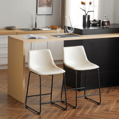 (Ensemble de 2) Tabouret de comptoir industriel en similicuir sans accoudoirs de style rétro de 24 pouces avec pieds et repose-pieds en métal pour îlot de cuisine, café, pub, comptoir de bar