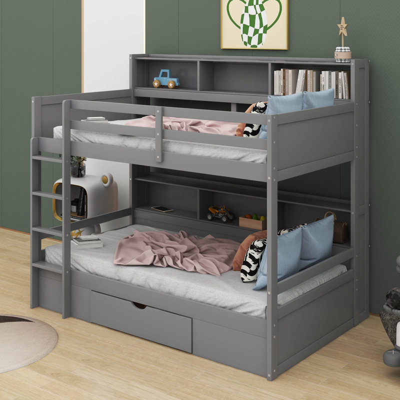 Lit superposé simple avec tablettes intégrées et tiroir de rangement, Gris