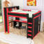 Grand lit mezzanine en bois avec garde-robe intégrée, bureau et port USB
