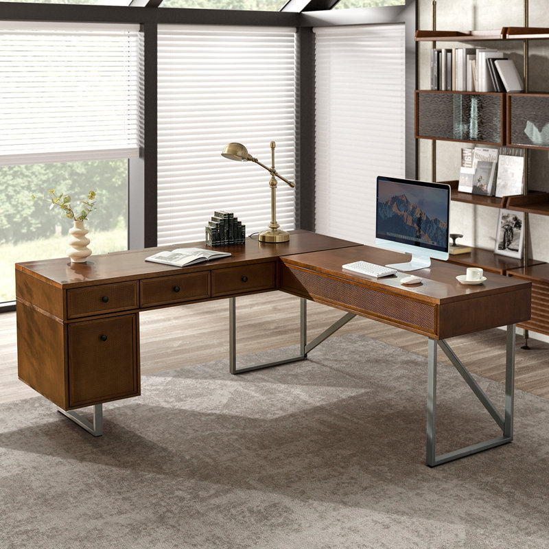 Nusaiba 71'' W L-Shaped Lift Top Cane Executive Desk with Built-In Outlets and Cable Management, Walnut/Gray