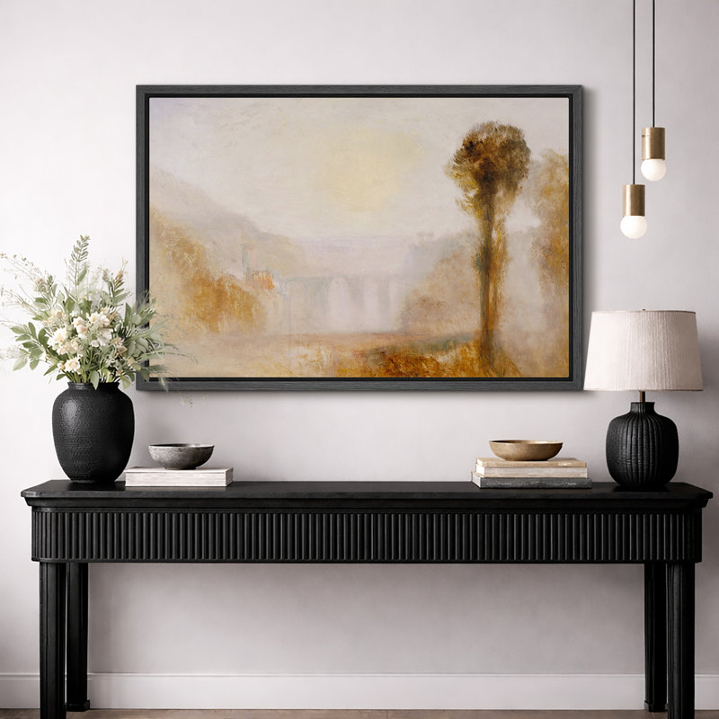 Misty Riverside Landscape avec Lone Tree, H 16 po x l 24 po, Cadre flottant noir