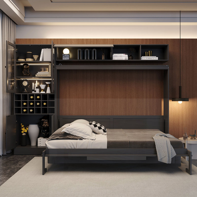 Grand lit escamotable avec canapé, ports USB, tablettes et lecture gris clair pour les petits appartements, Grey