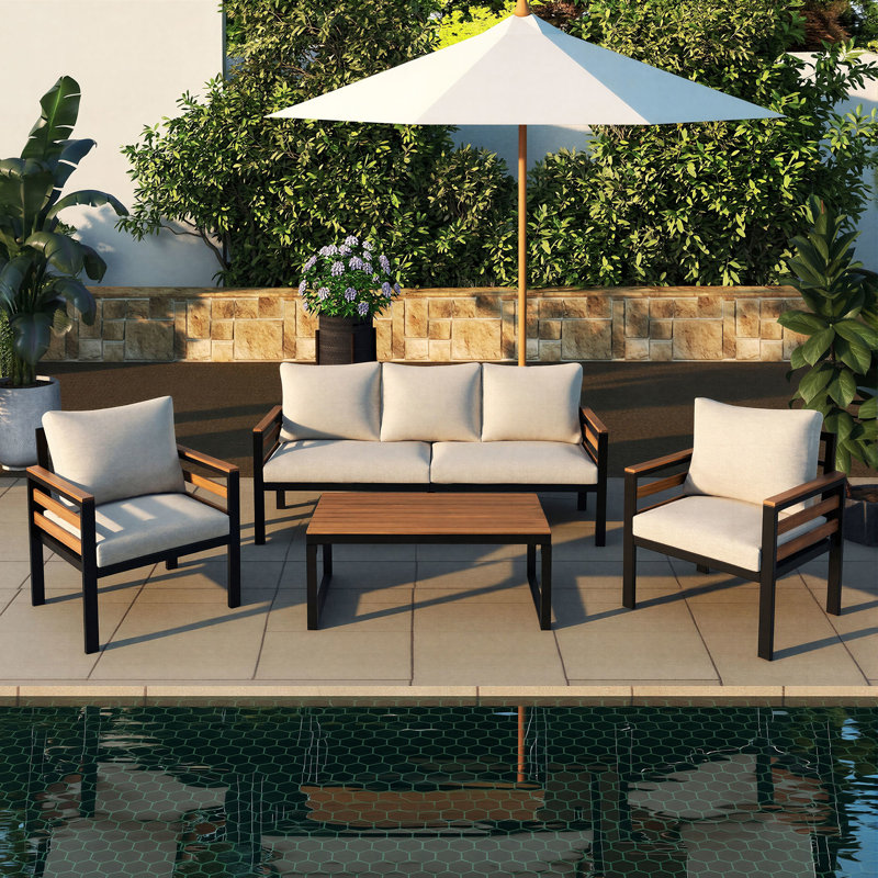 5-Person Outdoor Conversation Set with 3-Seat Sofa, 2 Chairs and Coffee Table, Beige Cushions, Beige