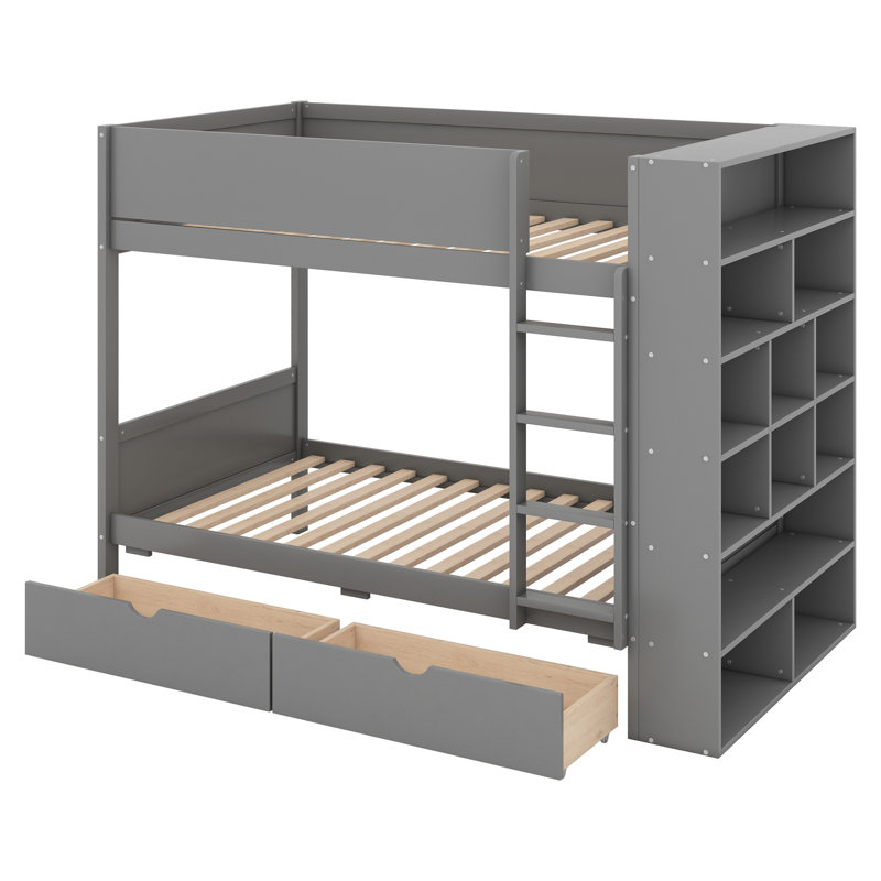 Louis Solid Bunk Bed With 2 Drawers, Twin Over Twin, Gray