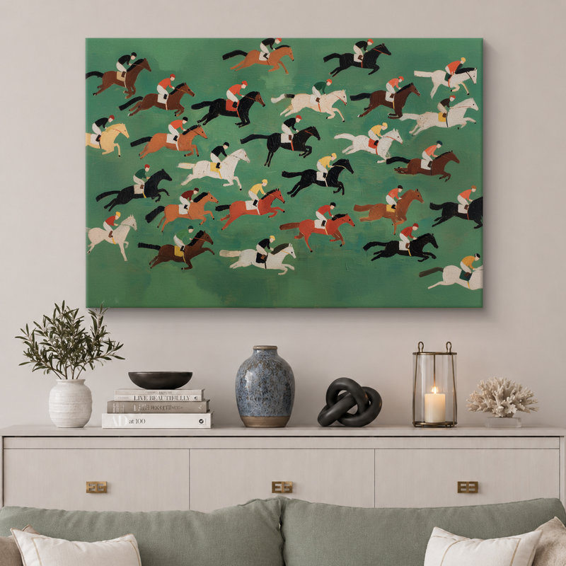 «Galloper Racehores in Motion Across Green Field Art», reproduction d'art sur toile encadrée, Toile tendue