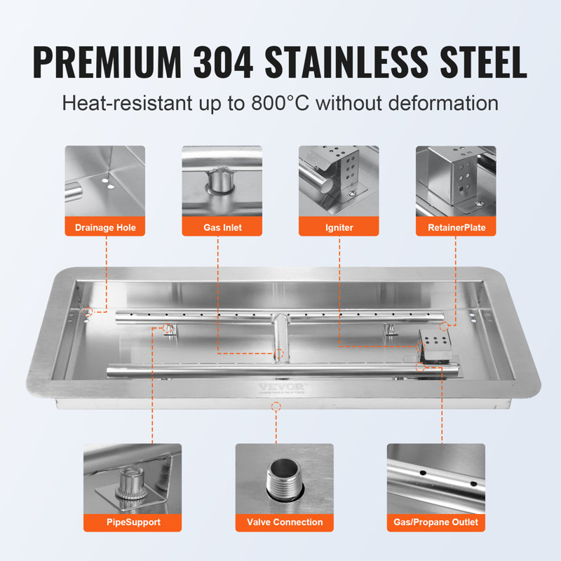 Stainless Steel Rectangular Fire Pit Pan with H-Burner Kit