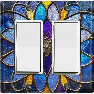 Plaque d'interrupteur en métal ; interrupteur à bascule double GFI, format standard américain – motif imprimé de mandala floral en vitrail