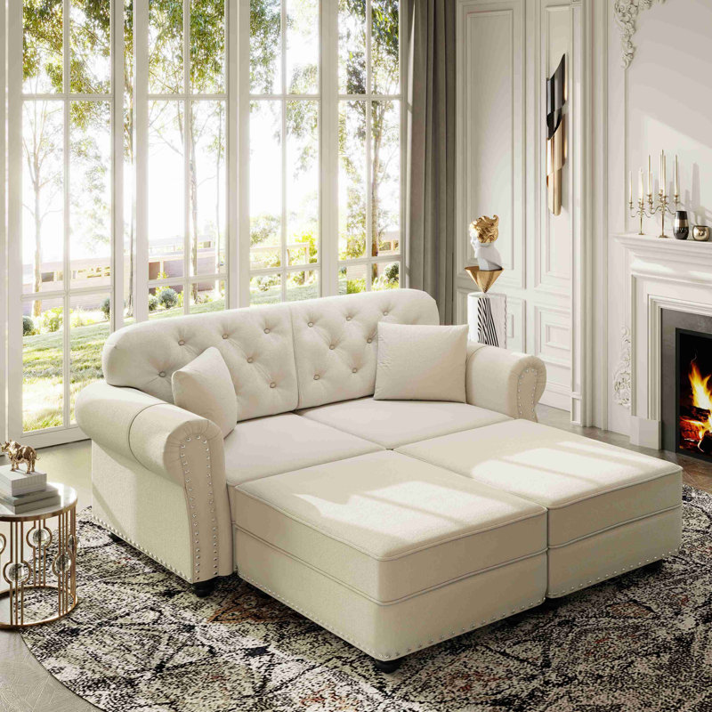 Canapé Chesterfield de 63 po en velours avec garniture cloutée et accoudoirs roulés, canapé de style Mid-Century moderne capitonné, comprenant 2 coussins