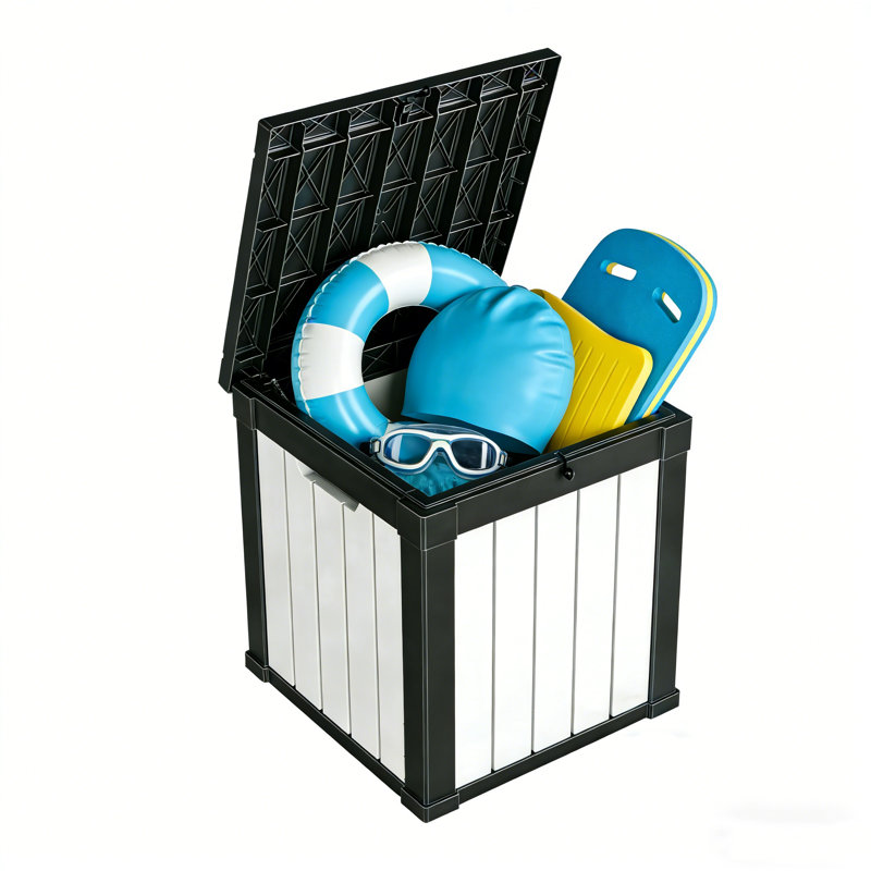 Boîte de rangement en résine toutes saisons 50 gallons, bac de rangement extérieur grain de bois pour les essentiels de patio, de jardin et de piscine
