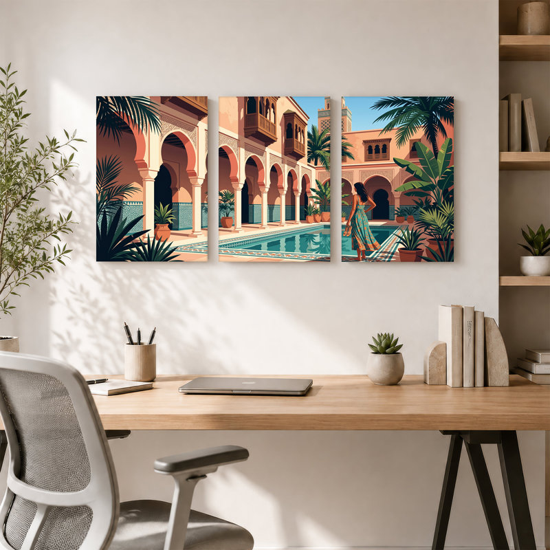 Ensemble de 3 toiles marocaines, cour marocaine avec arches et piscine, 30"H x 20"W x 3pcs