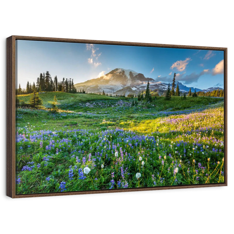 Le printemps au mont Rainier, 13 po x 9 po, Cadre flottant noyer