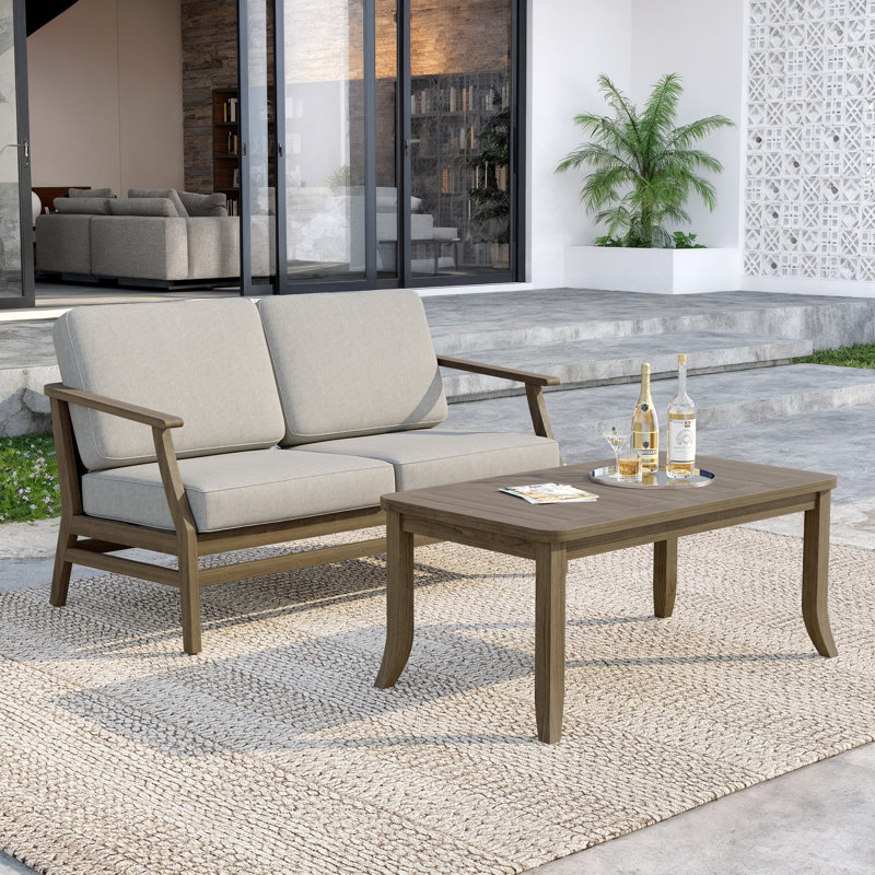 Polett Teak Outdoor Two-person Patio Set With Cushions And Side Table, Brown, Light Camel