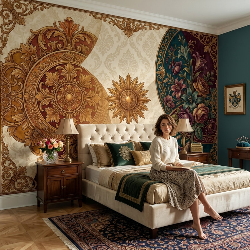 Papier peint baroque doré et décoration murale rétro européenne, 120 po x 96 po, Texturé non collé