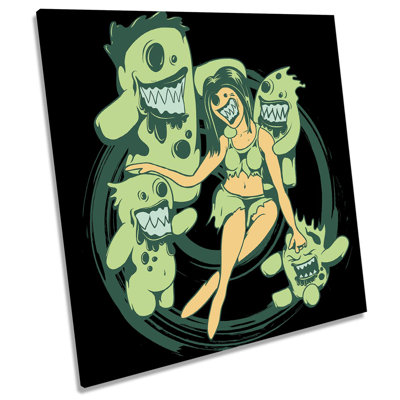 X8992 Cute Monster Green Characters 1 Piece Wrapped Canvas Wall Art