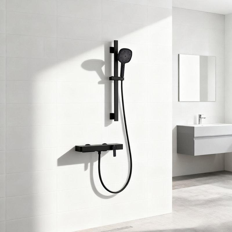 Ensemble de robinet de baignoire 2 boutons avec douchette carrée, Noir mat