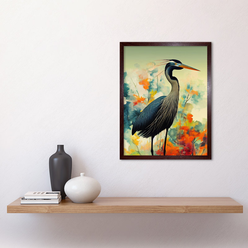 Heron Bird Abstract Flower Field - No Frame Rectangle Print, Brown Framed Unframed, 43cm H x 33cm W x 2cm D